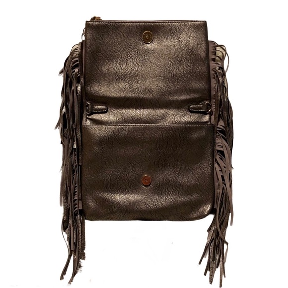 FINAL—Metallic Charcoal Fringe Fold Over Leather Clutch!! Vegan Leather & BNWT!! - Picture 5 of 11